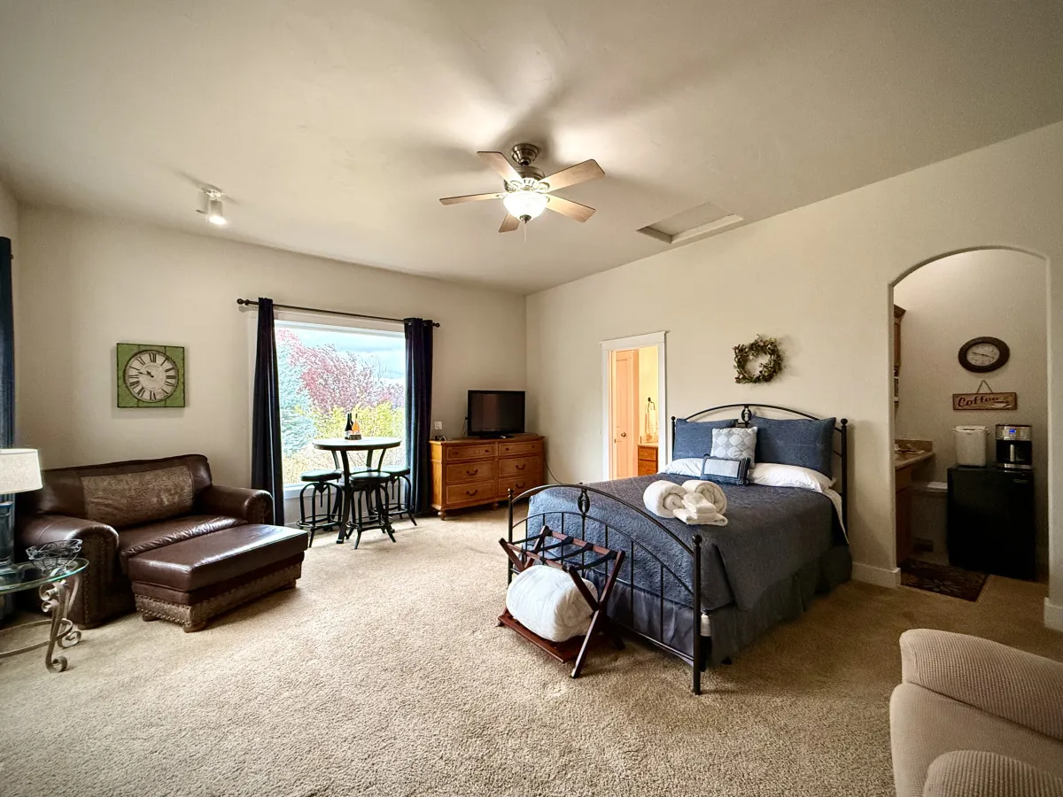 This image depicts a cozy interior casita with a bed adorned in blue bedding, a comfortable leather couch, a small dining table, and a television. Large windows allow natural light to flood the space, highlighting the ambiance for restful mornings or group relaxation.
